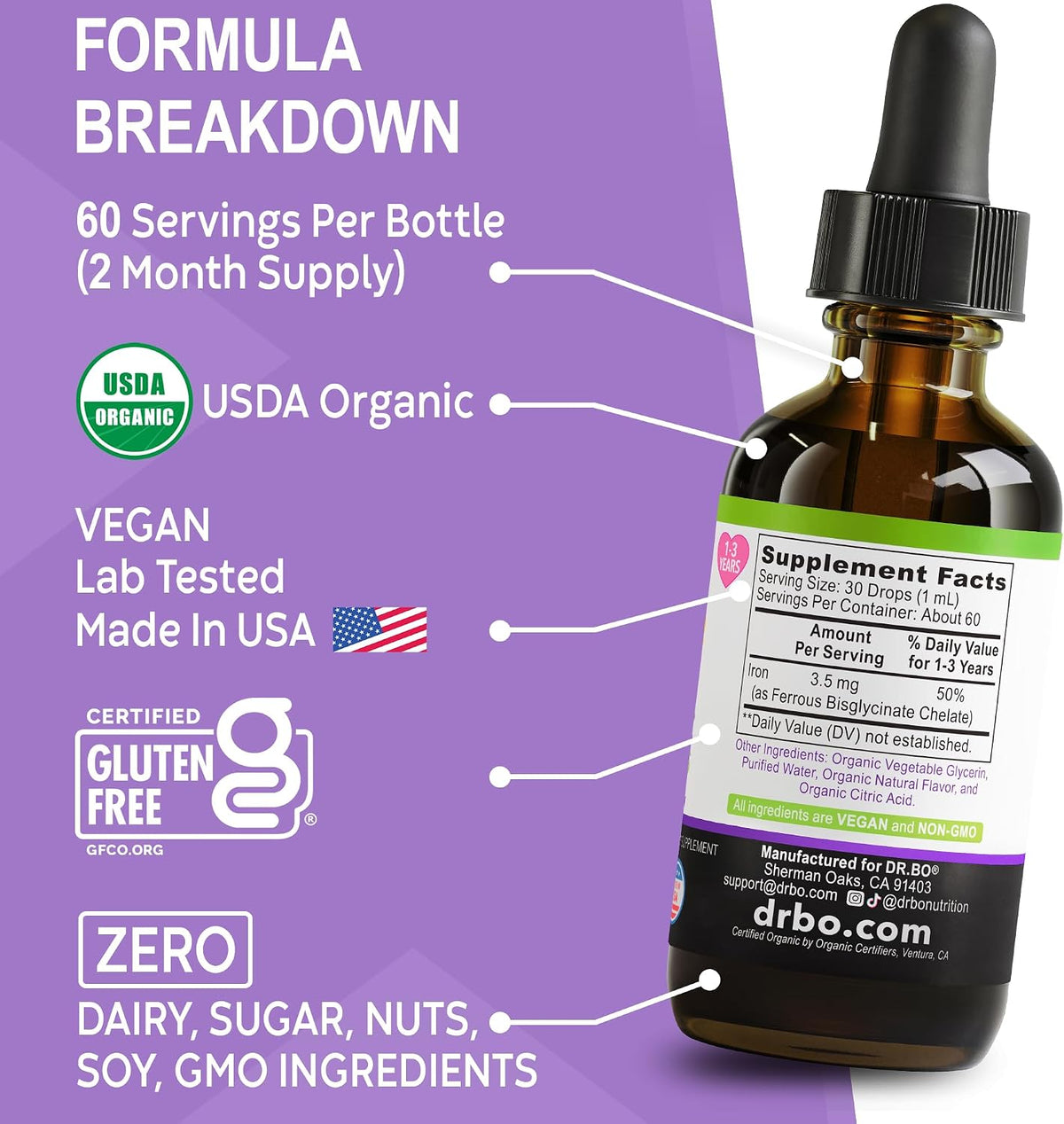 Iron Supplement for Toddlers & Kids - Organic Liquid Iron Drops for Kids, Toddler, Baby, Infant, Toddlers Supplements Ages 1-3 - Organic Vegan Toddler Liquid Drops Supplement, Gluten Free, Non-GMO 2oz