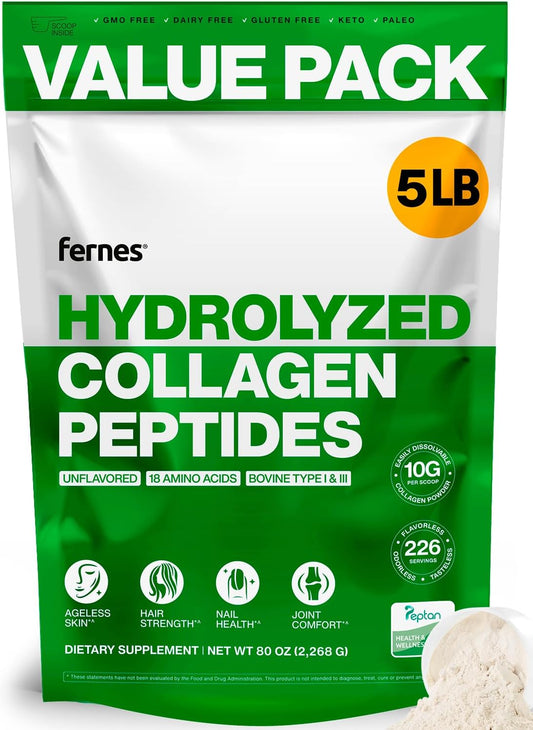 Collagen Powder for Women Men (5LB) Type I & III Flavorless & Odorless Easy-Mix Hydrolyzed Peptan Protein Peptides Joint Hair Skin & Nail Support Gluten-Free Non-GMO Keto Paleo Grass-Fed Kosher
