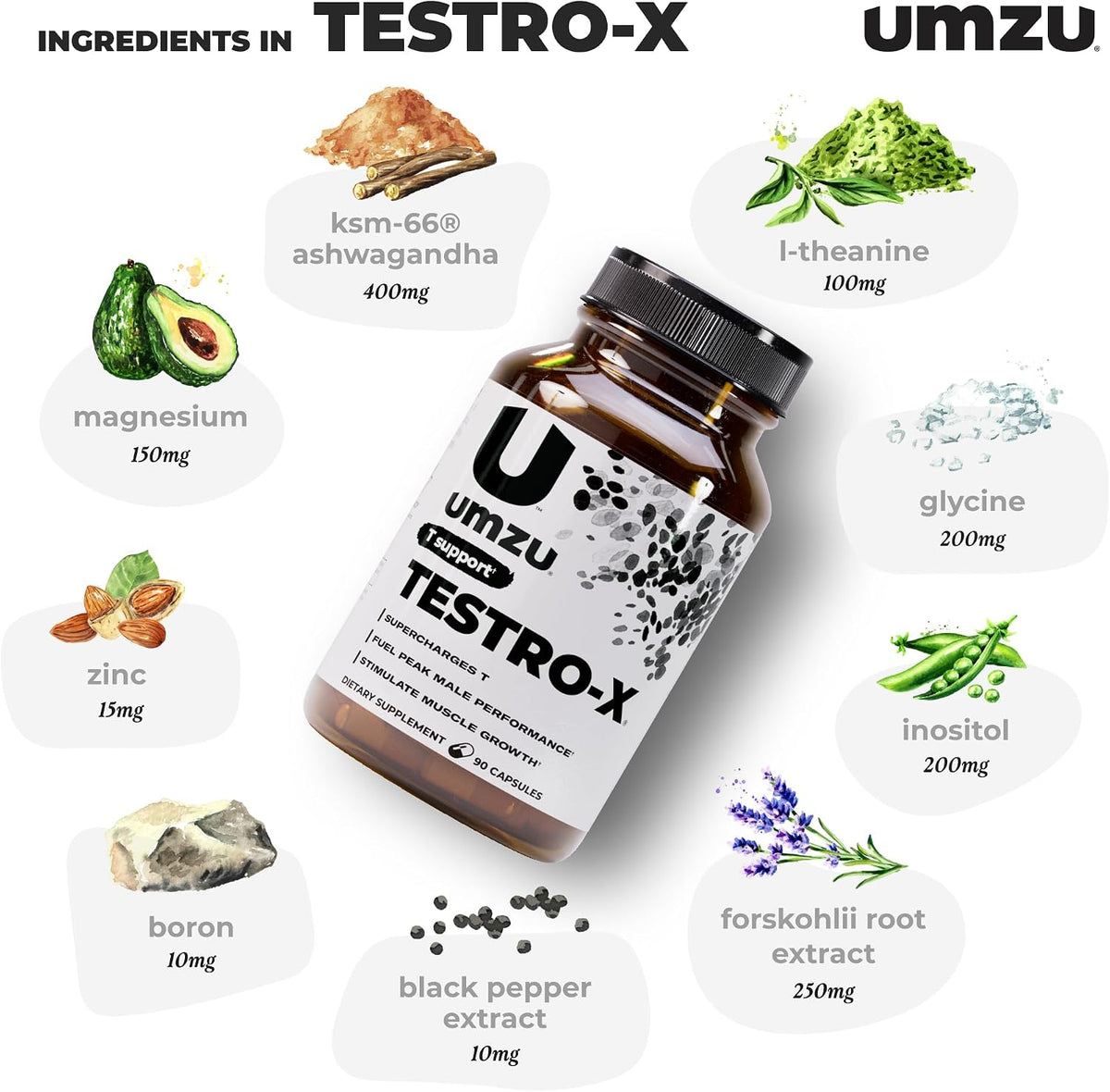 UMZU Testro-X Testosterone Support for Men, 90 Capsules, 30 Day Supply | KSM-66 Ashwagandha and Zinc, Men's Energy, Focus, Strength, Muscle Recovery, Testosterone Support and Daily Wellnes
