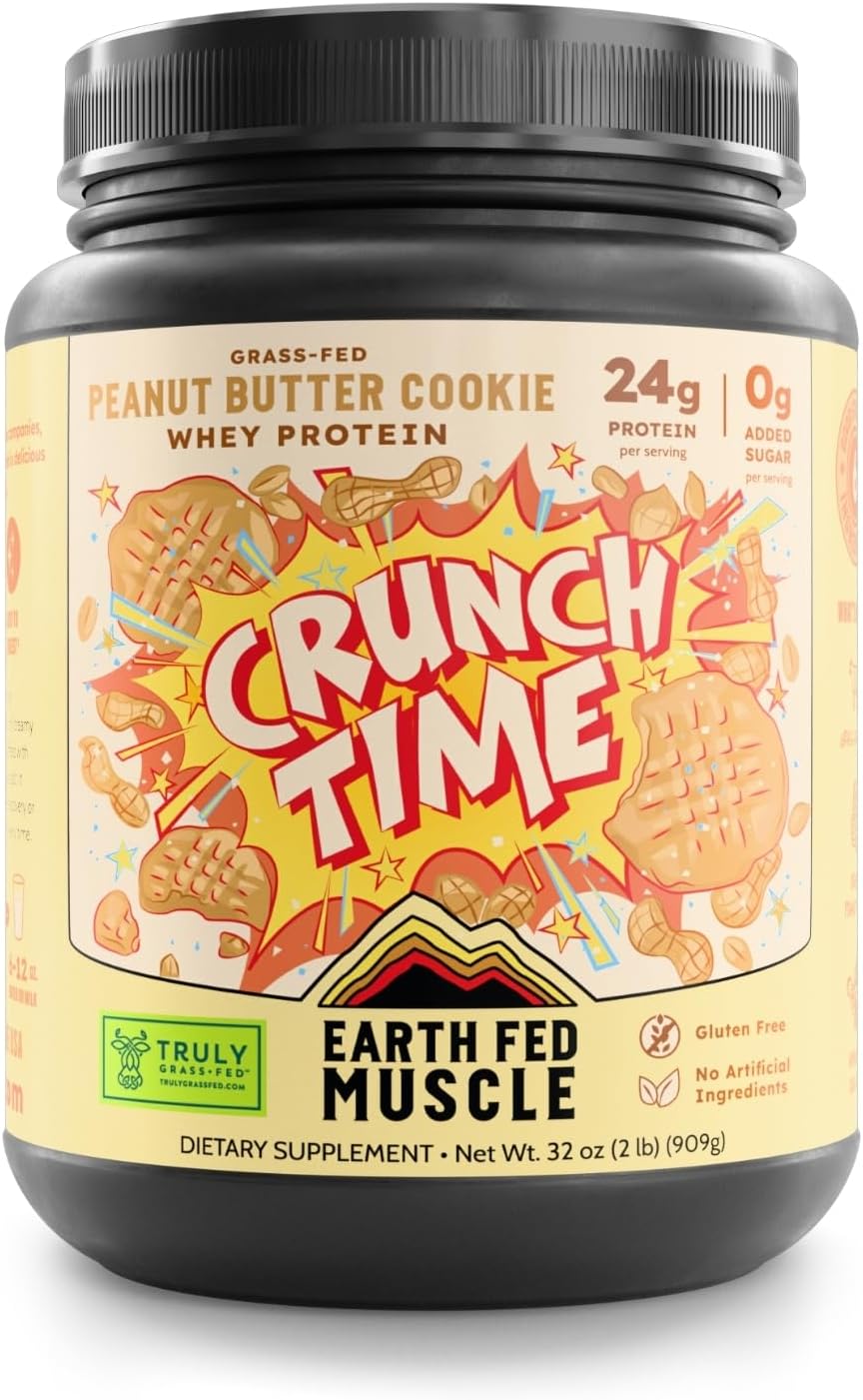 Earth Fed Muscle Crunch Irish Whey Protein, Peanut Butter Cookie | Irish grass-fed whey protein with real peanut flour. Peanut butter cookie flavor, Third-Party Certified. 2 lb tub.