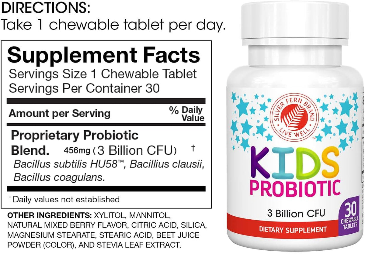 Silver Fern Brand Kids Ultimate Probiotic - 1 Bottle - 30 Chewable Tablets | Sugar & Gluten Free - Children's Dietary Supplement - DNA & Survivability Verified - Digestive & Immune Support