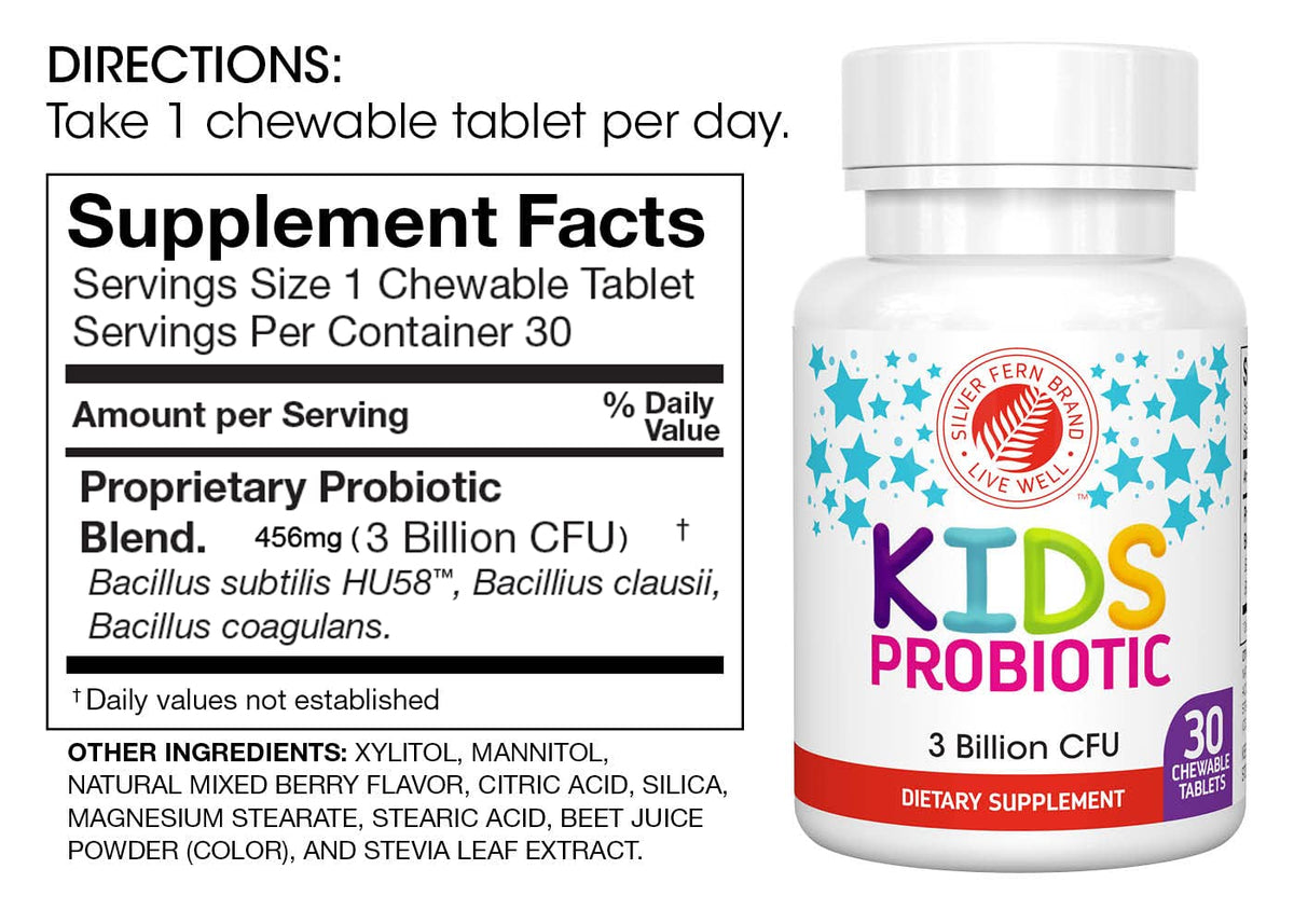 Silver Fern Brand Kids Ultimate Probiotic - 1 Bottle - 30 Chewable Tablets | Sugar & Gluten Free - Children's Dietary Supplement - DNA & Survivability Verified - Digestive & Immune Support