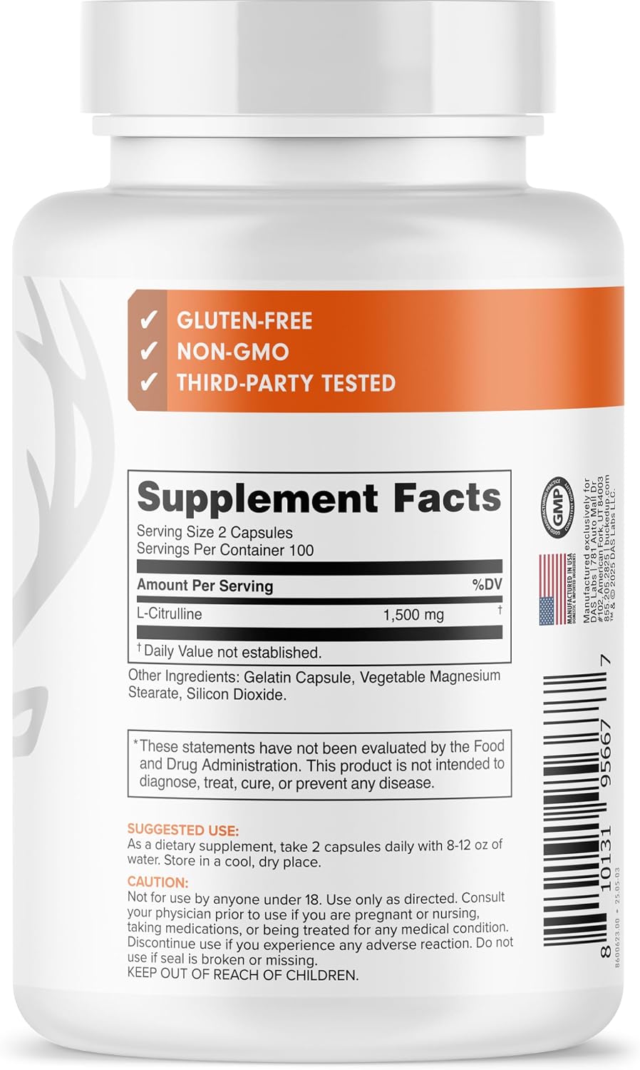 Bucked Up L-Citrulline 200 Capsules | 1500mg Per Serving | Gluten-Free | Non-GMO | Third-Party Tested | Premium Citrulline Supplement for Daily Use - 100 Servings (200 Capsules)