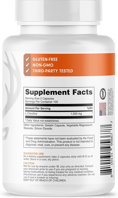 Bucked Up L-Citrulline 200 Capsules | 1500mg Per Serving | Gluten-Free | Non-GMO | Third-Party Tested | Premium Citrulline Supplement for Daily Use - 100 Servings (200 Capsules)