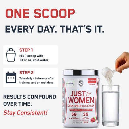 SteelFit Just for Women, Creatine Monohydrate & Collagen Peptides Powder | 5g Creapure Creatine & 3g Grass-Fed Collagen - Lean Muscle Growth & Healthy Hair, Skin, & Nails - Red Raspberry, 30 Servings