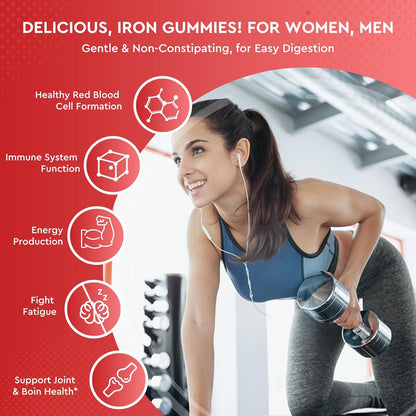 Iron Gummies - with Calcium, Zinc, Folate & Vitamin B12, C,B6 for Adults & Kids - Blood Builder & Energy Support for Iron Deficiency, Anemia, Vegan - 60 Gummies
