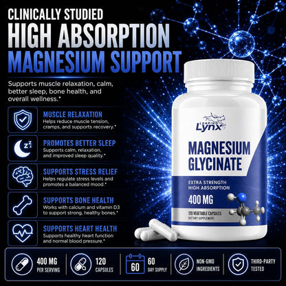 Magnesium Glycinate 400mg – High Absorption, Extra Strength Chelated Magnesium | 120 Capsules (60-Day Supply) | Calm, Muscle Recovery, Sleep & Bone Health | Non-GMO