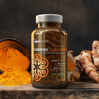 OmniBiotics Organic Turmeric Curcumin Supplement with Black Pepper Extract – 1500mg Turmeric with 95% Curcuminoids & BioPerine, High Absorption for Joint Support – 120 Vegan Capsules