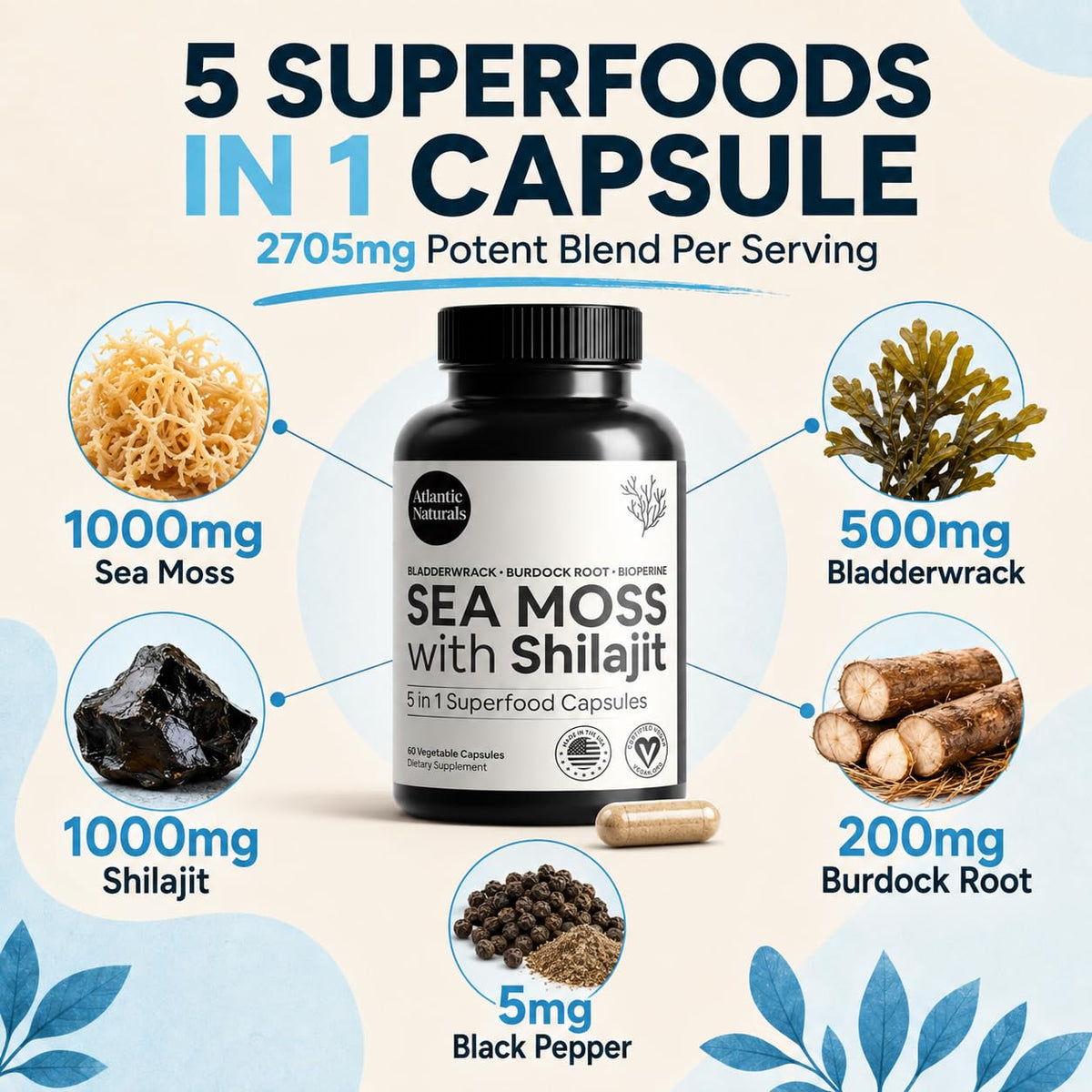 Superfood Organic Irish Sea Moss Capsules - 120 Veggie Capsules | Wildcrafted Organic Sea Moss Supplement for Men & Women | Better Than Sea Moss Gel | Support Immunity & Skin, 1000mg
