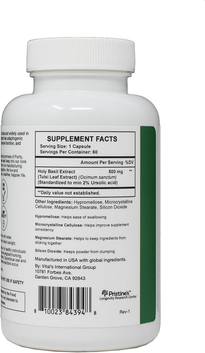 PRISTINE'S Holy Basil Tulsi 500mg Adaptogen Capsules, Vegan, 60 Day Supply | Calm and relaxation support in a simple Tulsi (holy basil) capsule routine. 60 day supply, vegan, non-GMO, gluten-free