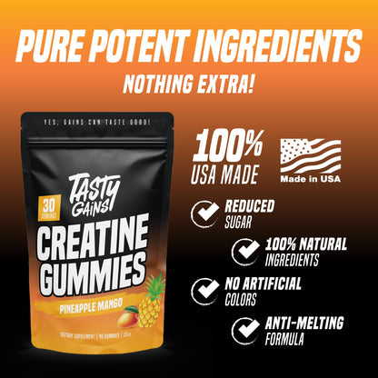 TASTY GAINS Creatine Gummies - 90g of Creatine Monohydrate - Workout Supplements - Build Muscle & Boost Strength for Men & Women - Made in USA - Non GMO - (Large, Strawberry Creamsicle Flavor)