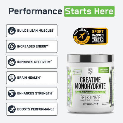 SteelFit Creapure Creatine Monohydrate Powder, Unflavored, 30 Servings | German Creatine Powder for Men, Women - Gym Workout Nutritional Supplements for Muscle Gain, Brain Health & Strength Building