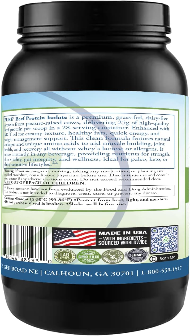 PURE® Grass-Fed Beef Protein Isolate Powder - 25g Protein, 28 Servings - Dairy-Free Paleo & Keto Friendly Protein with MCT Oil, Probiotics & Natural Collagen - No Whey or Lactose - Chocolate 913 Grams