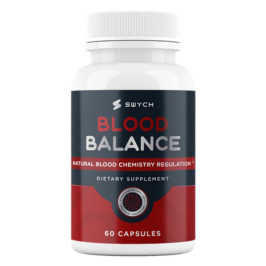 Supplement bottle labeled 'Blood Balance' by Swych on a white background