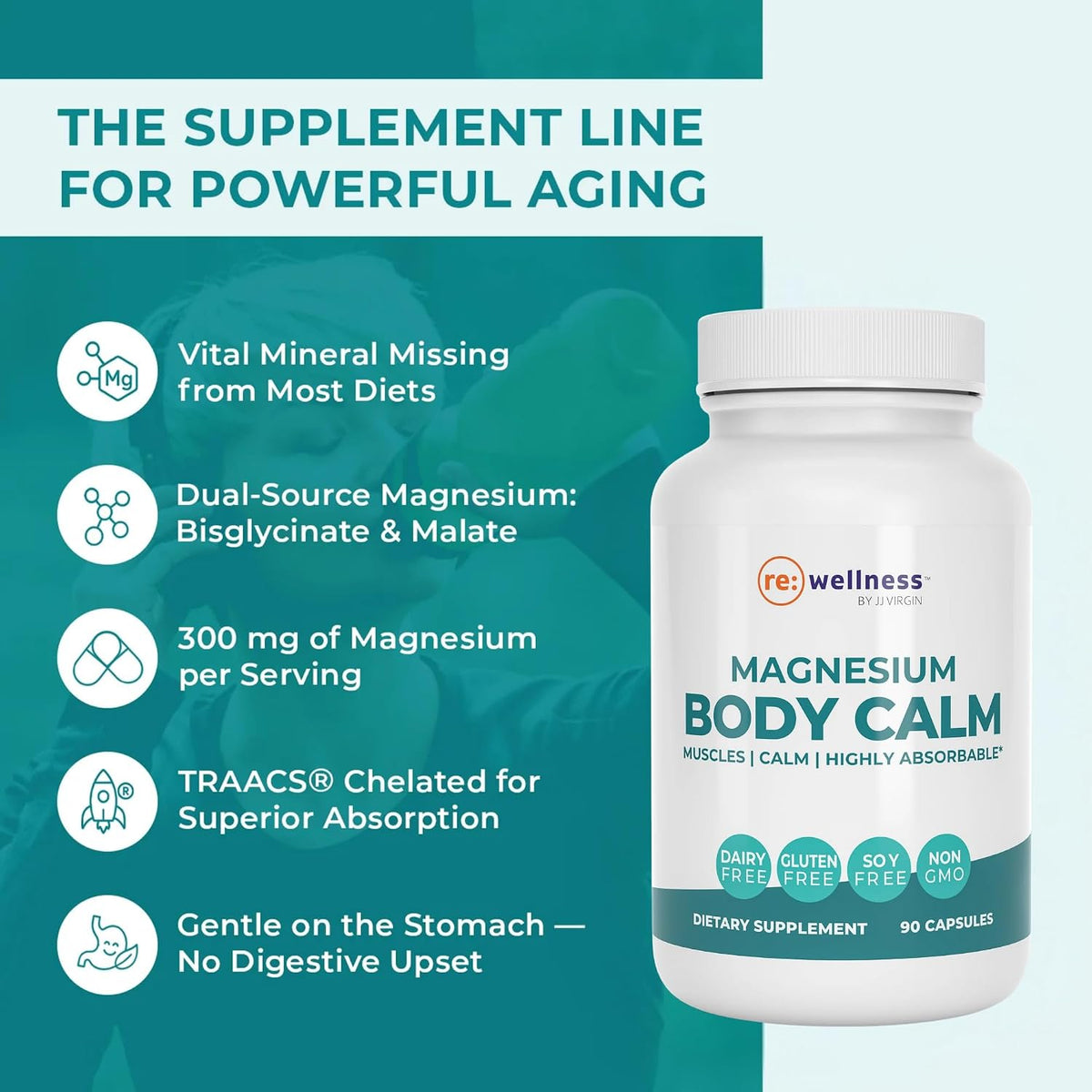 Reignite Wellness by JJ Virgin | Magnesium Body Calm | Chelated Magnesium Supplement for Energy Production, Sense of Calm & Immune Support | Magnesium Bisglycinate Chelate Complex | 120 Capsules