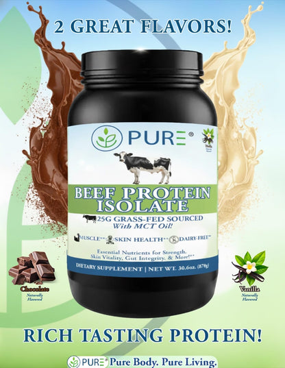 PURE® Grass-Fed Beef Protein Isolate Powder - 25g Protein, 28 Servings - Dairy-Free Paleo & Keto Friendly Protein with MCT Oil, Probiotics & Natural Collagen - No Whey or Lactose - Chocolate 913 Grams