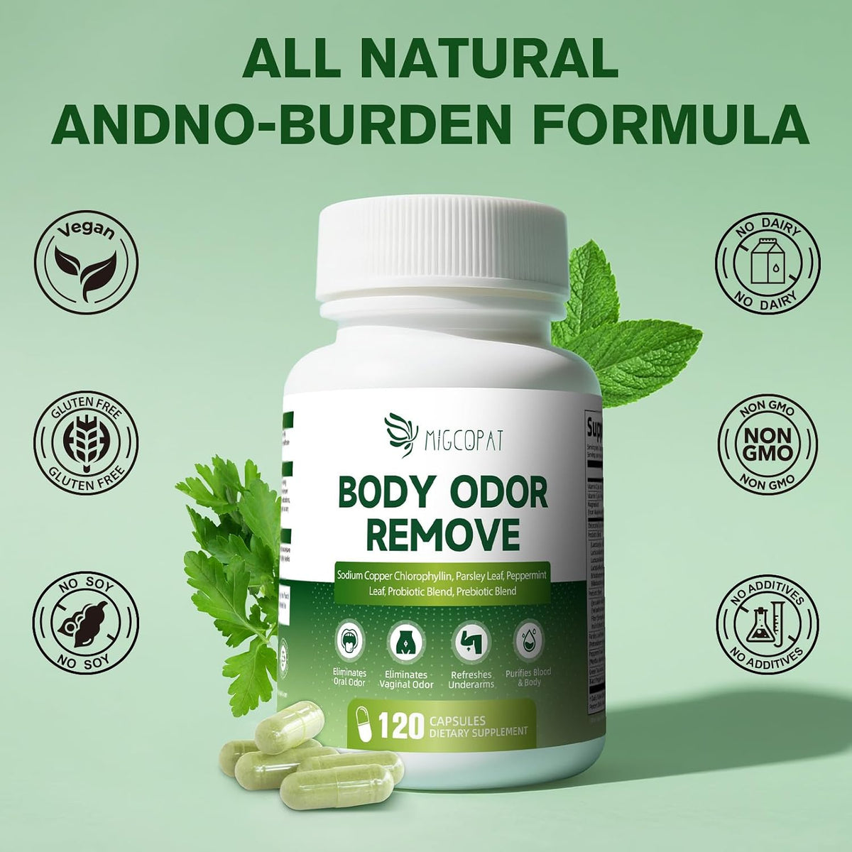 Chlorophyll Body Deodorizing Supplement with 10 Billion CFU Probiotic, Vitamin C & E, Parsley, Peppermint, Green Tea, Prebiotics, Chlorophyll Capsules Supports Breath & Whole-Body Freshness, 120 Caps
