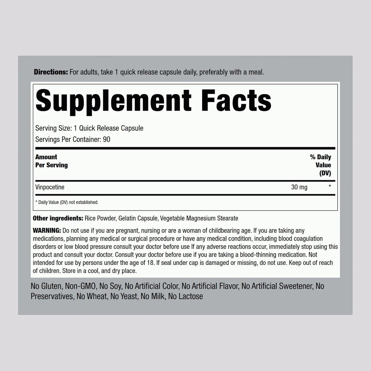 Piping Rock Vinpocetine 30mg | 90 Capsules | Super-Strength Supplement | Non-GMO, Gluten Free
