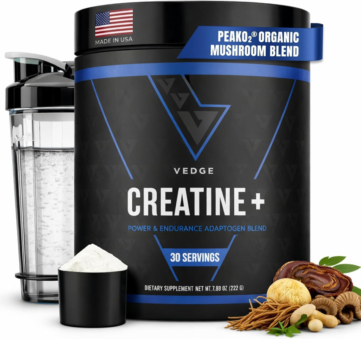VEDGE Creatine Monohydrate, with PeakO2 Organic Mushroom Blend, 30 Servings | Creatine Monohydrate with Mushrooms, Organic Mushroom Blend With PeakO₂ Cordyceps Lion’s mane and Reishi, Unflavored