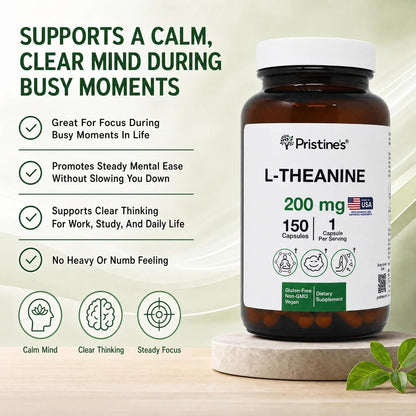 PRISTINE'S L-Theanine 200mg Capsules Sleep & Relaxation, Vegan, 150 Count | Calm focus, sleep and relaxation support without caffeine or stimulants. 150 count, vegan, non-GMO, gluten-free glass bottle