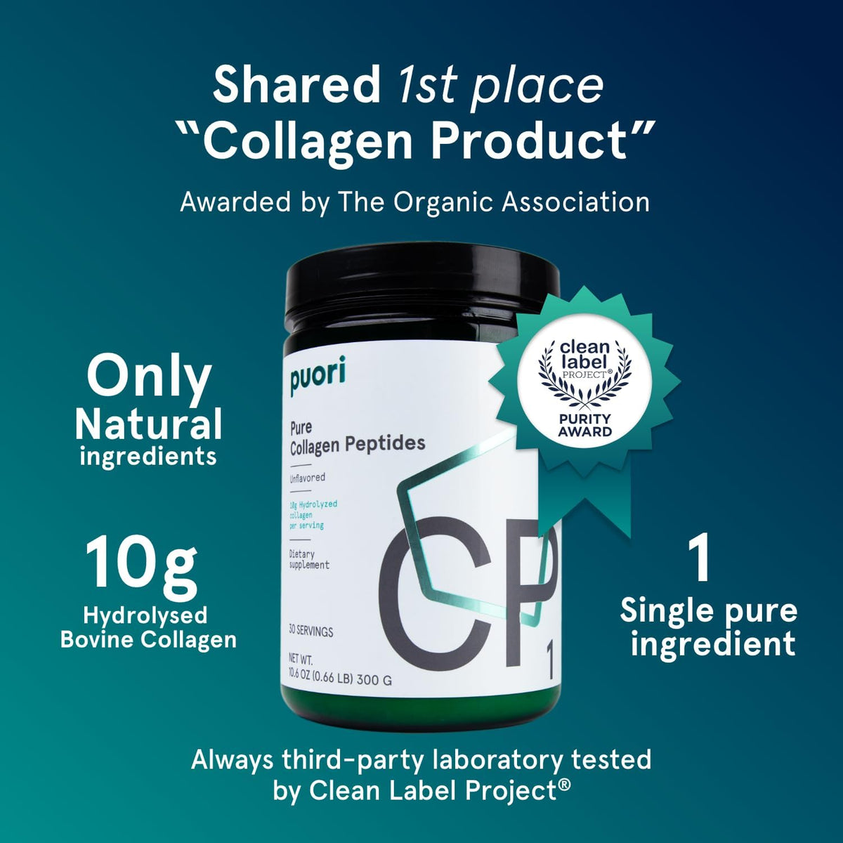 Puori Pure Collagen Peptides Powder, Unflavored - 10g of Grass-Fed Hydrolyzed Bovine Collagen Supports Skin Health, Hair & Nail Strength, Joint Pain & Mobility Support - 30 Servings