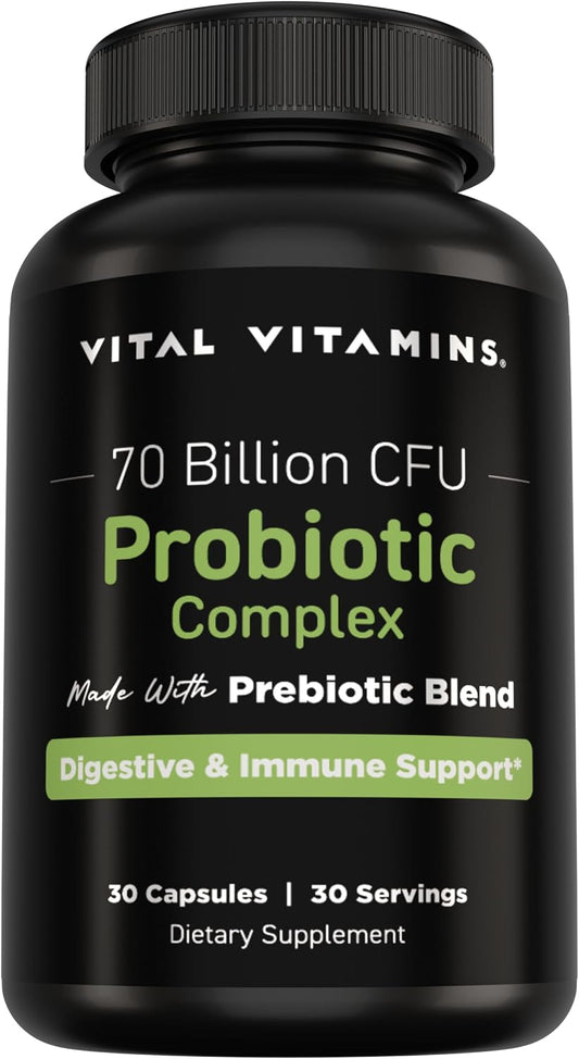 Vital Vitamins Probiotic Complex, 70 Billion CFU for Men & Women | 10-Probiotic Strain Blend with Prebiotic FOS, Supports Digestion & Immunity, Shelf-Stable, 30 Capsules