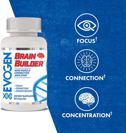 Evogen Brain Builder Nootropic | 90 Capsules | Lion's mane, bacopa and Alpha-GPC premium blend with plant-based caffeine for focus, clarity and mind-muscle connection