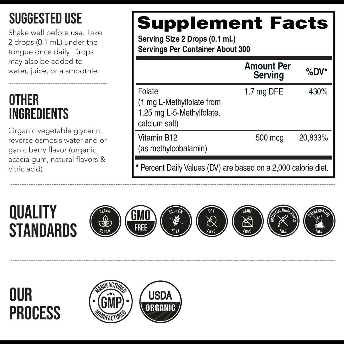 Organic Methyl Folate 1000 mcg + Methyl B12 Cofactor (300 Servings) – Metabolically Active 5-MTHF Form, Organic Berry Flavor, Liquid Sublingual Form – Mood, Cognition, Methylation, Pregnancy (1oz)