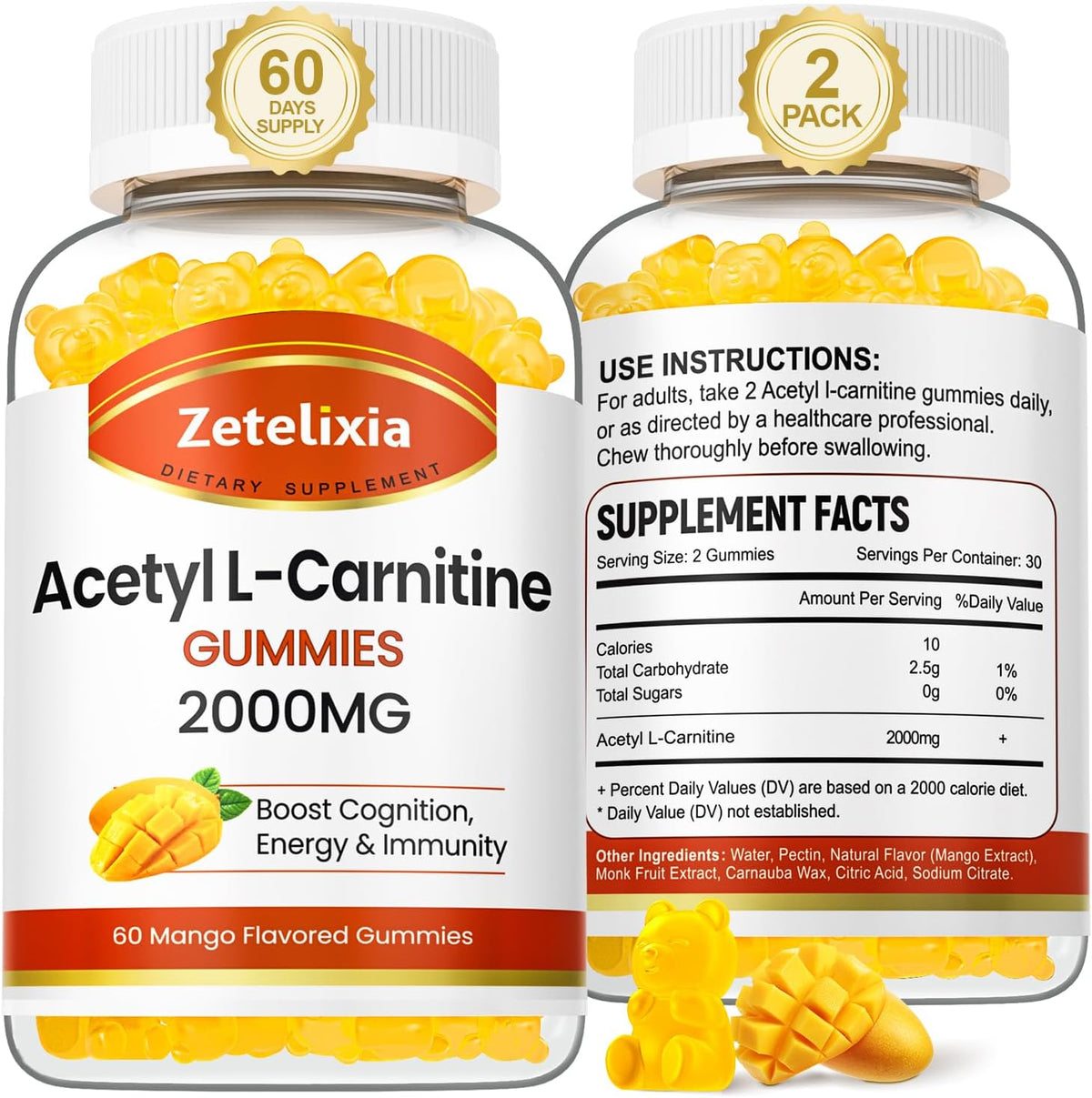 2 Pack Acetyl L-Carnitine Gummies, L-Carnitine Supplement for Women & Men, Nutrition Supplement for Boost Energy, Immunity & Brain Health, Vegan, Non-GMO, Mango Flavor, 120 Count