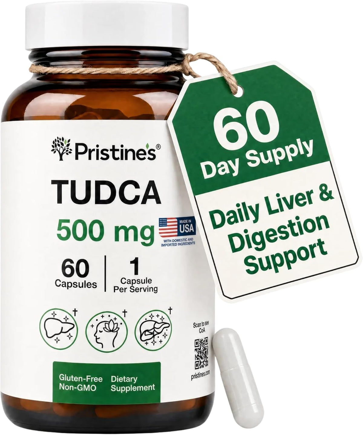 PRISTINE'S TUDCA 500mg Liver & Bile Flow Support Capsules, 60 Day Supply | Tauroursodeoxycholic acid formula for liver, bile flow and digestive support. Vegan, non-GMO, gluten-free glass bottle