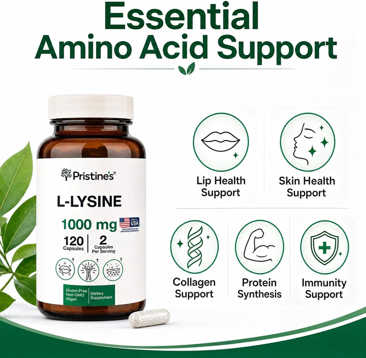PRISTINE'S L-Lysine 1000mg Capsules, Lip Health & Immune Support, Vegan | Daily amino acid support for lip health and immune wellness. 60 day supply, vegan, non-GMO, gluten-free, glass bottle