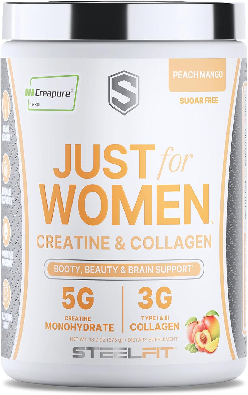 SteelFit Just for Women Creatine & Collagen Powder, Peach Mango | 5g Creapure Creatine Monohydrate & 3g Grass-Fed Collagen Peptides - Lean Muscle, Brain Health & Glowing Skin - 30 Servings
