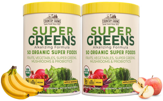 Country Farms Super Greens Apple Banana Powder Smoothie, Organic Super Foods, USDA Organic Drink Mix, Fruits, Vegetables, Mushrooms, Superfood Nutrition, 40 Servings, 2 Pack Country FarmsBuy Supplements Australia