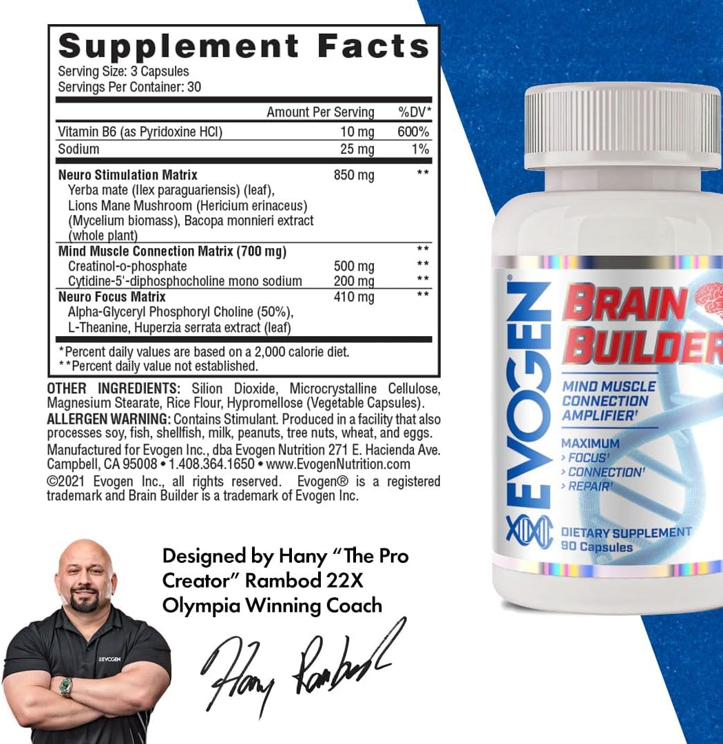 Evogen Brain Builder Nootropic | 90 Capsules | Lion's mane, bacopa and Alpha-GPC premium blend with plant-based caffeine for focus, clarity and mind-muscle connection