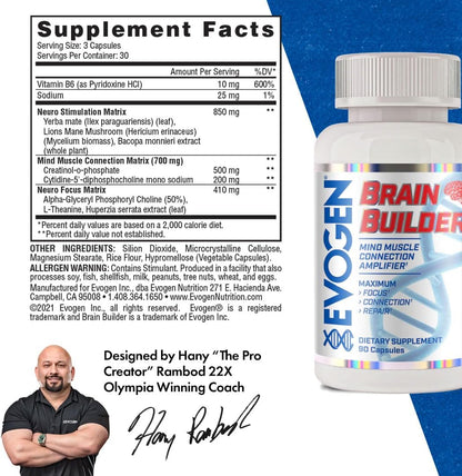 Evogen Brain Builder Nootropic | 90 Capsules | Lion's mane, bacopa and Alpha-GPC premium blend with plant-based caffeine for focus, clarity and mind-muscle connection