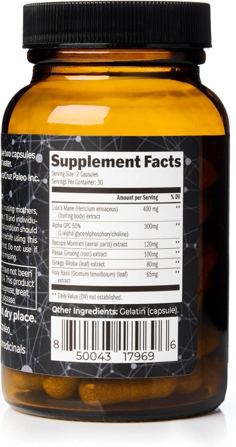 Santa Cruz Paleo Nootropic Capsules – Lions Mane, Alpha GPC, Panax Ginseng & Ginkgo Biloba for Focus, Memory, Mental Clarity & Energy – Keto, Paleo, Gluten Free Brain Supplement, 60 Caps