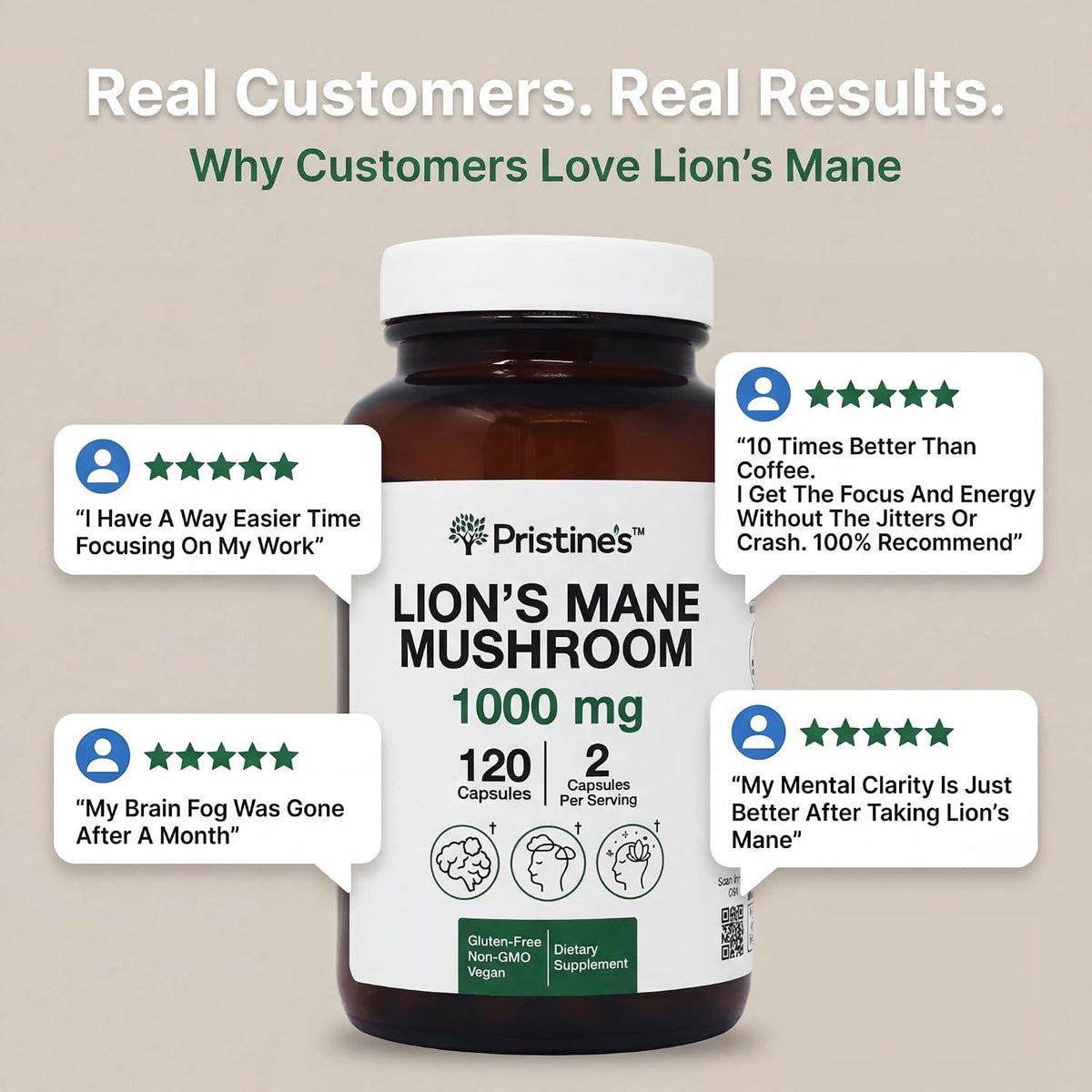 PRISTINE'S Lion's Mane 1000mg Mushroom Capsules, Fruiting Body, Vegan | Focus, memory and brain health support from lion's mane fruiting body. 60 day supply, vegan, non-GMO, gluten-free