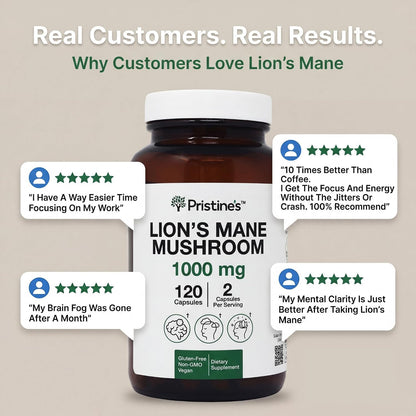 PRISTINE'S Lion's Mane 1000mg Mushroom Capsules, Fruiting Body, Vegan | Focus, memory and brain health support from lion's mane fruiting body. 60 day supply, vegan, non-GMO, gluten-free