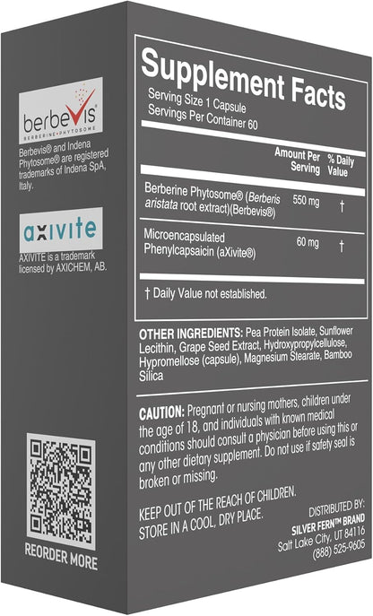 Silver Fern Brand Metabolism Supplement 60 Capsules | Berberine Phytosome & aXivite – Supports Function & Wellness