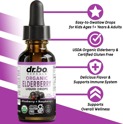 Elderberry Syrup Organic Liquid Drops - Sugar Free Immune Support Supplement for Adults & Kids, Ages 1 Immune Booster - Pure Organic Elderberry Syrup Liquid Drops Tincture Extract Concentrate 1 Fl Oz