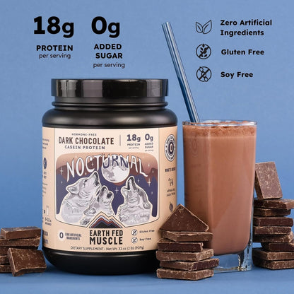 Earth Fed Muscle Nocturnal Casein Protein, Dark Chocolate, 23 Servings | Slow-digesting micellar casein & whey blend, 18g protein, sugar free. Ideal nighttime shake for overnight muscle recovery.