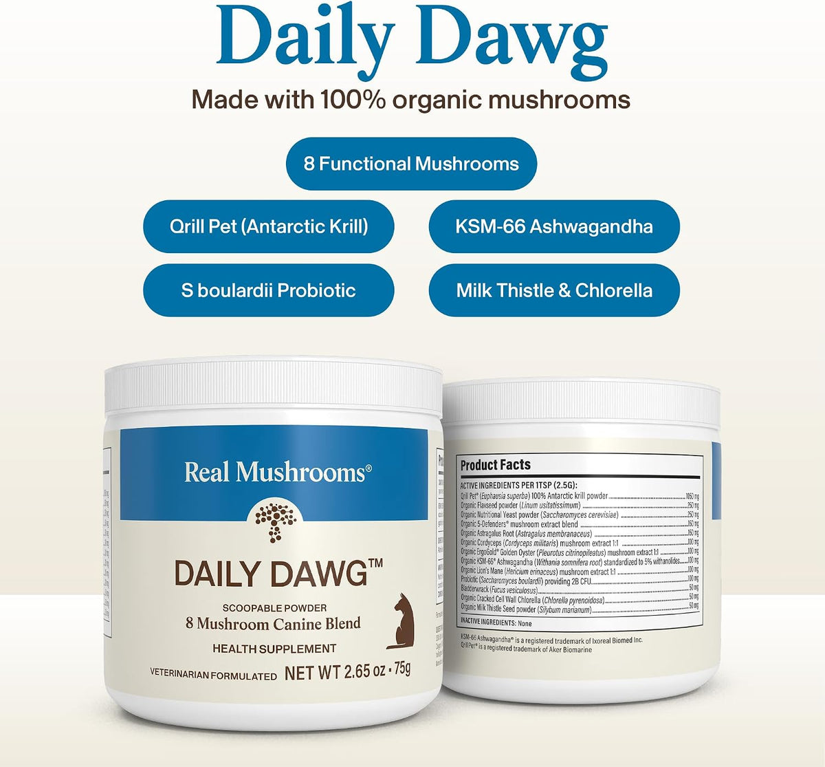 Real Mushrooms Whole Dog Health – Functional Mushroom Blend for Dogs with Lion’s Mane, Cordyceps, Turkey Tail, Reishi, Shiitake for Overall Wellbeing of Dogs – 2.65 oz Powder Supplement