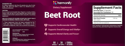 Beet Root Capsules, Pure Beetroot Powder 1300 mg, Circulation Support Supplement, Vegan, Non-GMO, Gluten-Free – 90 Vegetable Capsules
