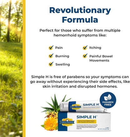 Simple H - Hemorrhoid Cream and Ointment - Internal and External Comfort | Gentle and Fast Absorbing, For Itch and Burning Relief, With 28 Botanicals, Apply Morning and Night, 2 oz Tube