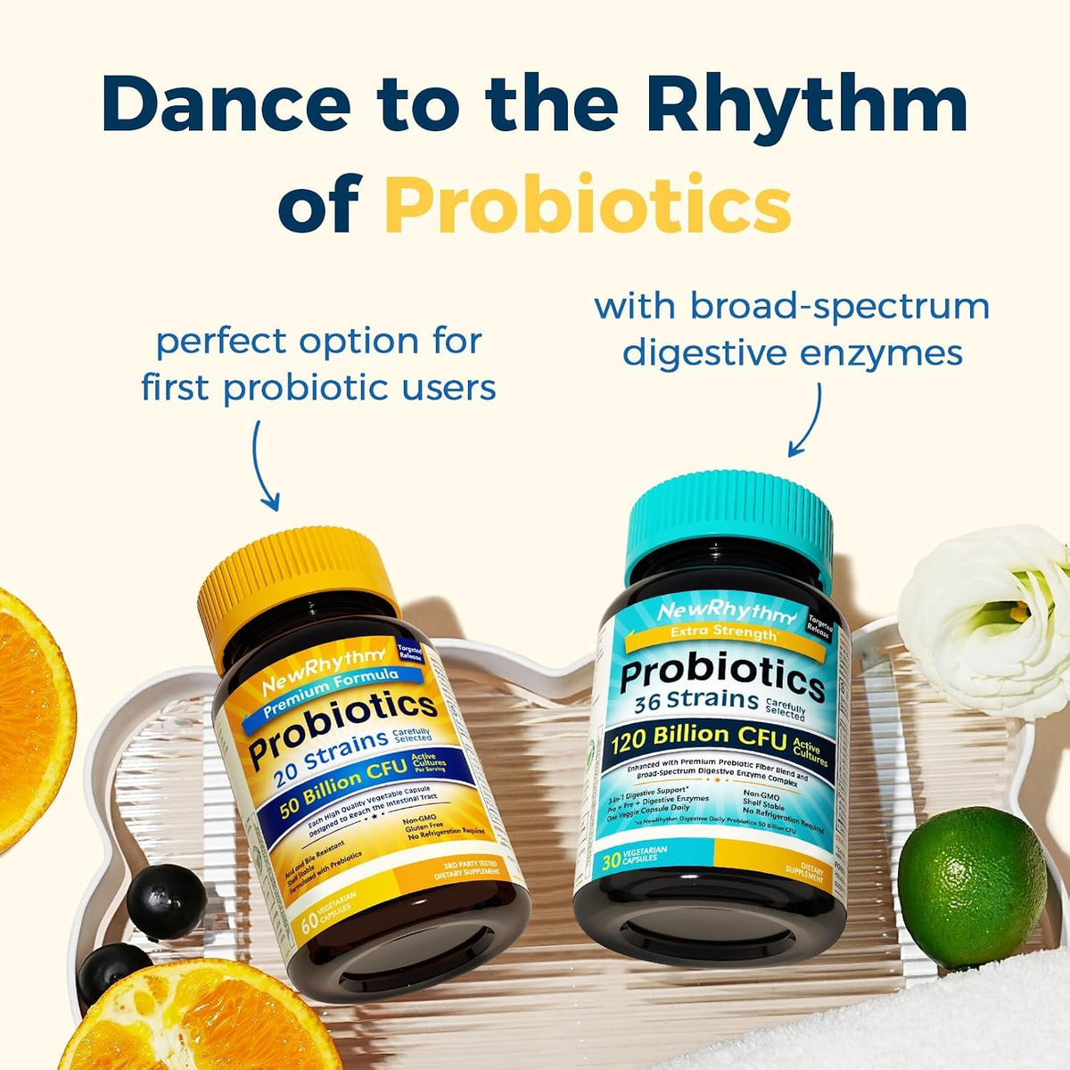 NewRhythm Probiotics Bundle, 50 Billion CFU 20 Strains and Akkermansia Muciniphila 200B TFU, Digestive Health and Immune Health, Booster Gut Lining Repair, 60 Veggie Capsules
