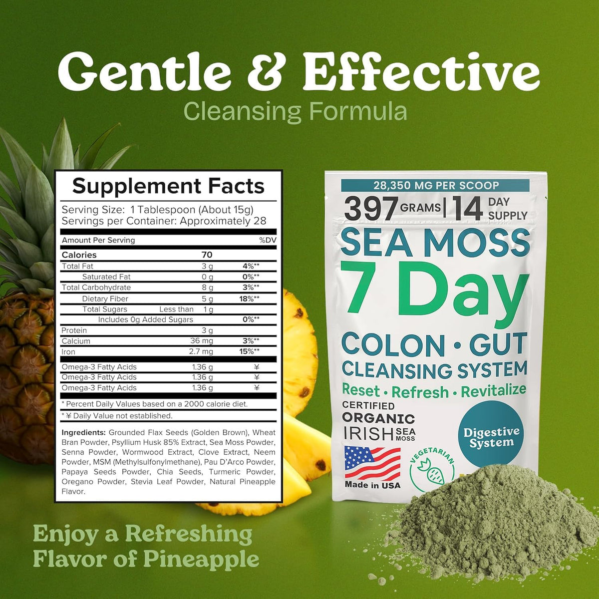 Atlantic Naturals Psyllium Husk Fiber Powder with Sea Moss – 7 Day Colon Cleanse & Daily Fiber Supplement Drink Mix with Senna – Gut Health & Regularity for Women & Men – Pineapple, 14 oz