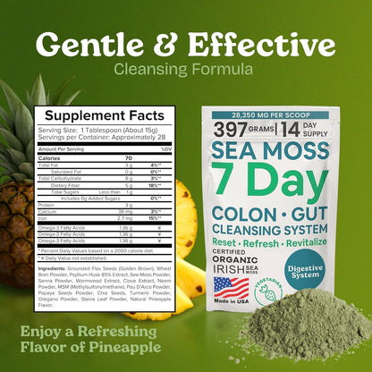 Atlantic Naturals Psyllium Husk Fiber Powder with Sea Moss – 7 Day Colon Cleanse & Daily Fiber Supplement Drink Mix with Senna – Gut Health & Regularity for Women & Men – Pineapple, 14 oz