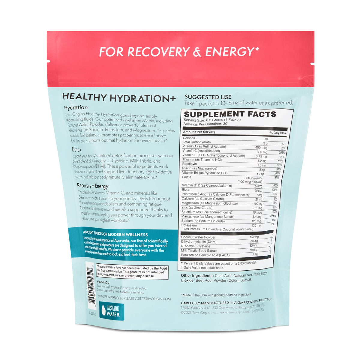 TERRA ORIGIN Healthy Hydration+ Electrolyte Powder Packets | Sugar Free, Gluten Free Drink Mix | Lemonade | 30 Servings (1-Pack)