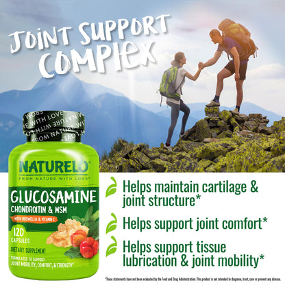 NATURELO Glucosamine Chondroitin MSM with Boswellia and Vitamin C - Supplement for Joint Comfort, Mobility, and Strength - 120 Capsules