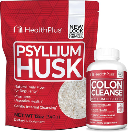 Health Plus Fiber & Cleanse Bundle – Psyllium Husk Powder & Colon Cleanse Capsules for Daily Detox, Constipation Relief, Gut Health & Heart Support – Natural Fiber Supplement Duo